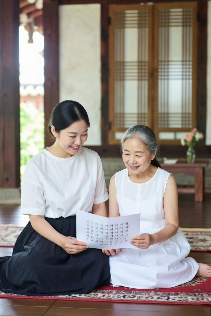 30대 직장인 딸이 60대 어머니 한옥 마루에 나란히 앉아 다정하게 우리 소리를 배우는 모녀